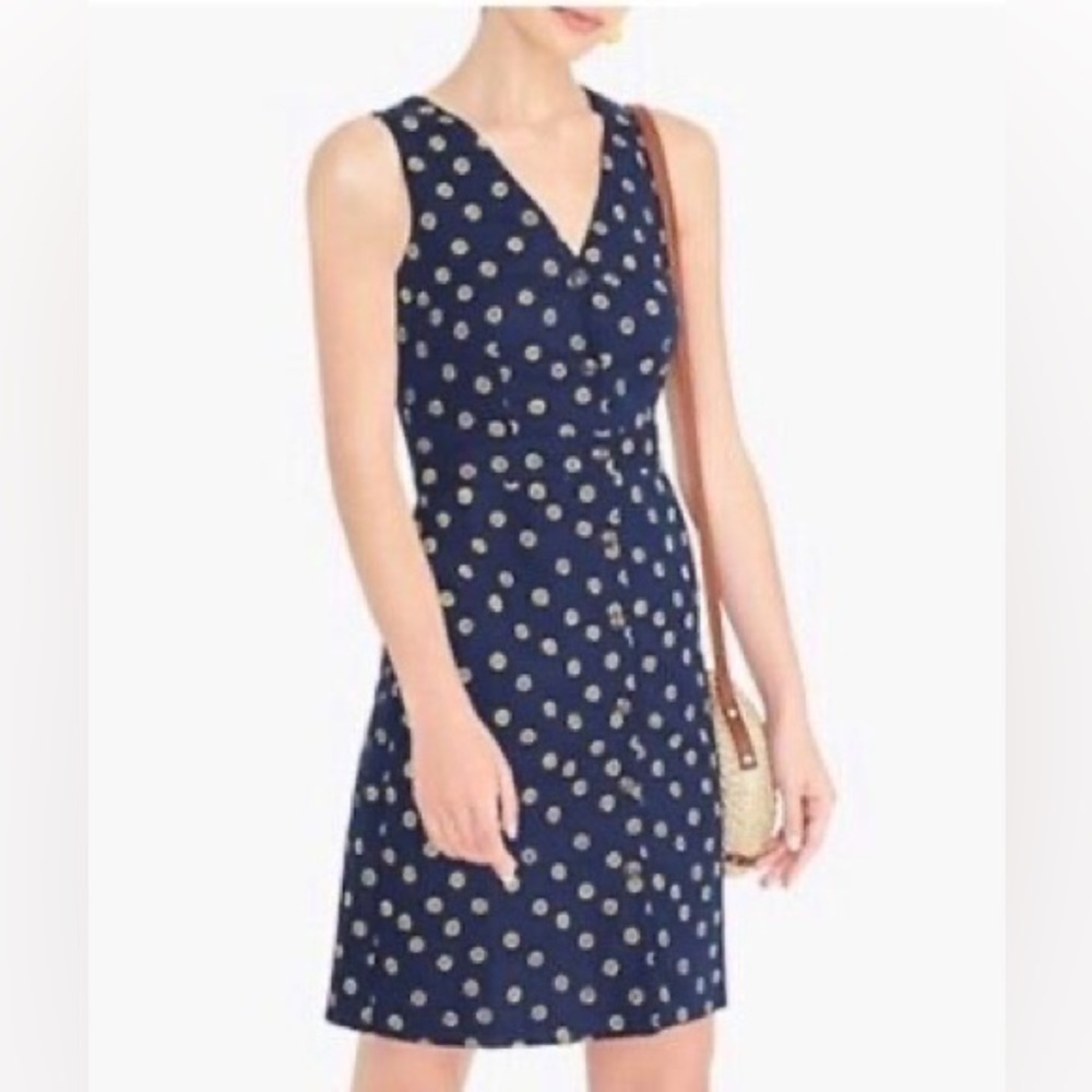 J. Crew Navy Blue Yellow Floral Sunflower Linen Cotton Button Down Dress Sz 18